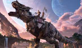 Ark 2 characters riding dinosaur with saddle