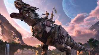 Ark 2 characters riding dinosaur with saddle