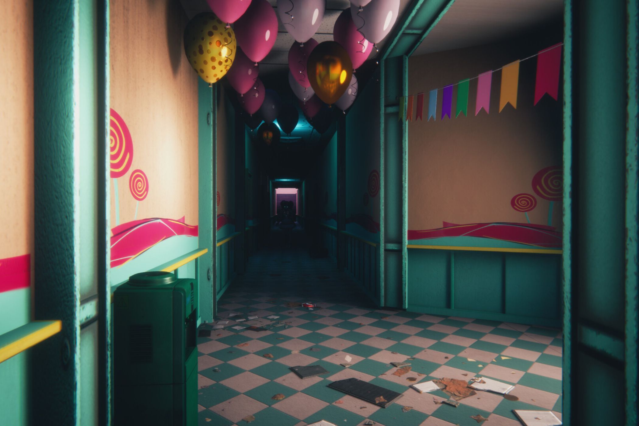Kandyland hallway with children's drawings