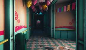 Kandyland hallway with children's drawings