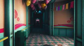 Kandyland hallway with children's drawings