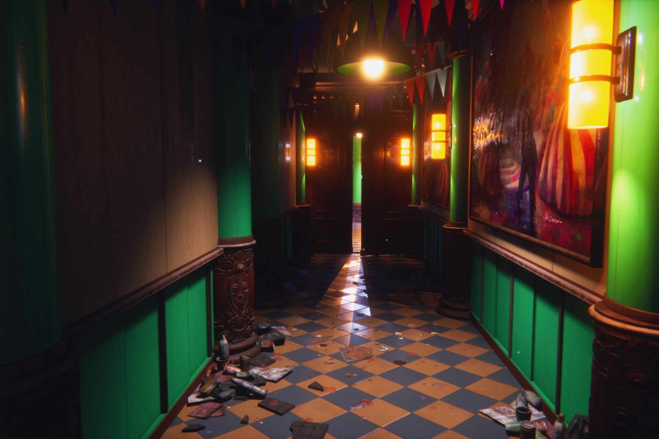 Kandyland hallway with bright lights and door