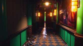 Kandyland hallway with bright lights and door