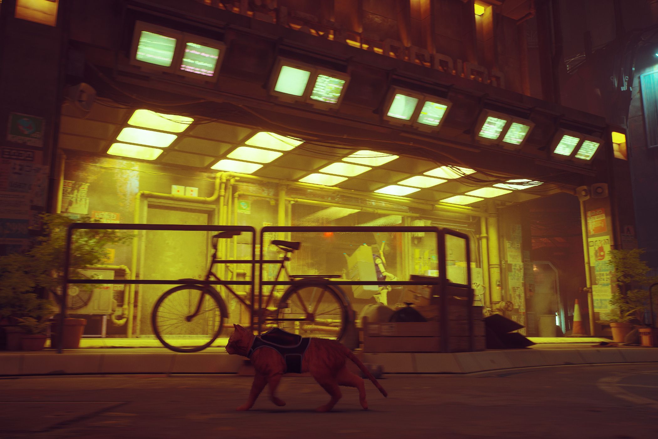 An image from the game "Stray", showing a cat running around in a yellow-lit street.