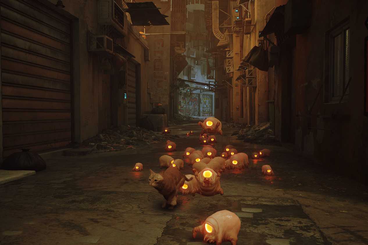 An image from the game "Stray", showing a cat surrounded by yellow-eyed, bug-like creatures.