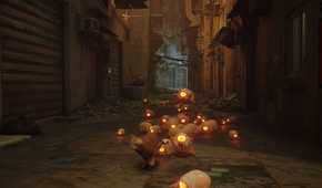 An image from the game "Stray", showing a cat surrounded by yellow-eyed, bug-like creatures.