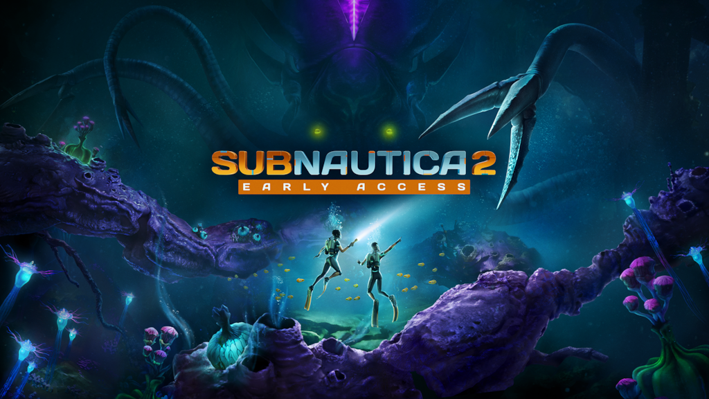 two divers with lights surrounded by sea monsters