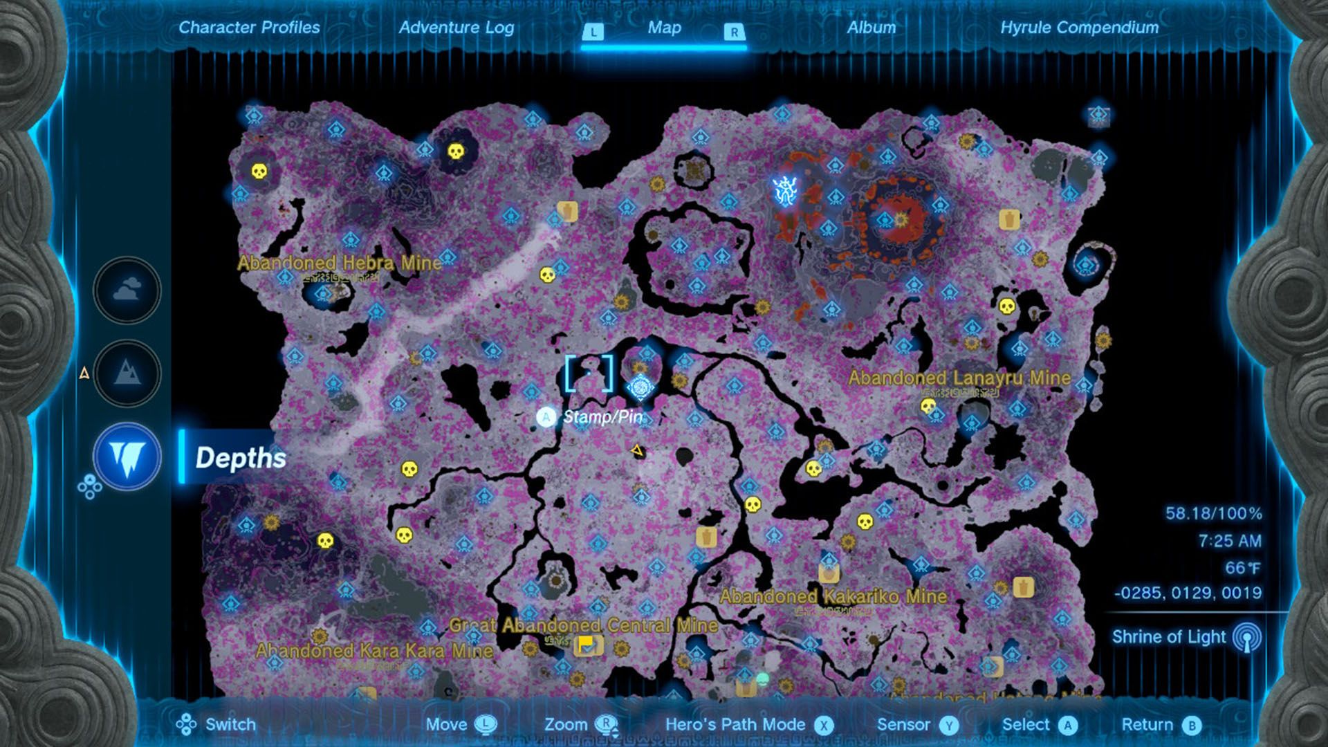 The depths map with all lightroot locations.