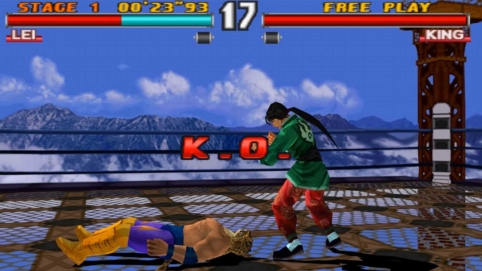 A screenshot of the end of a match with King and Lei in Tekken 2