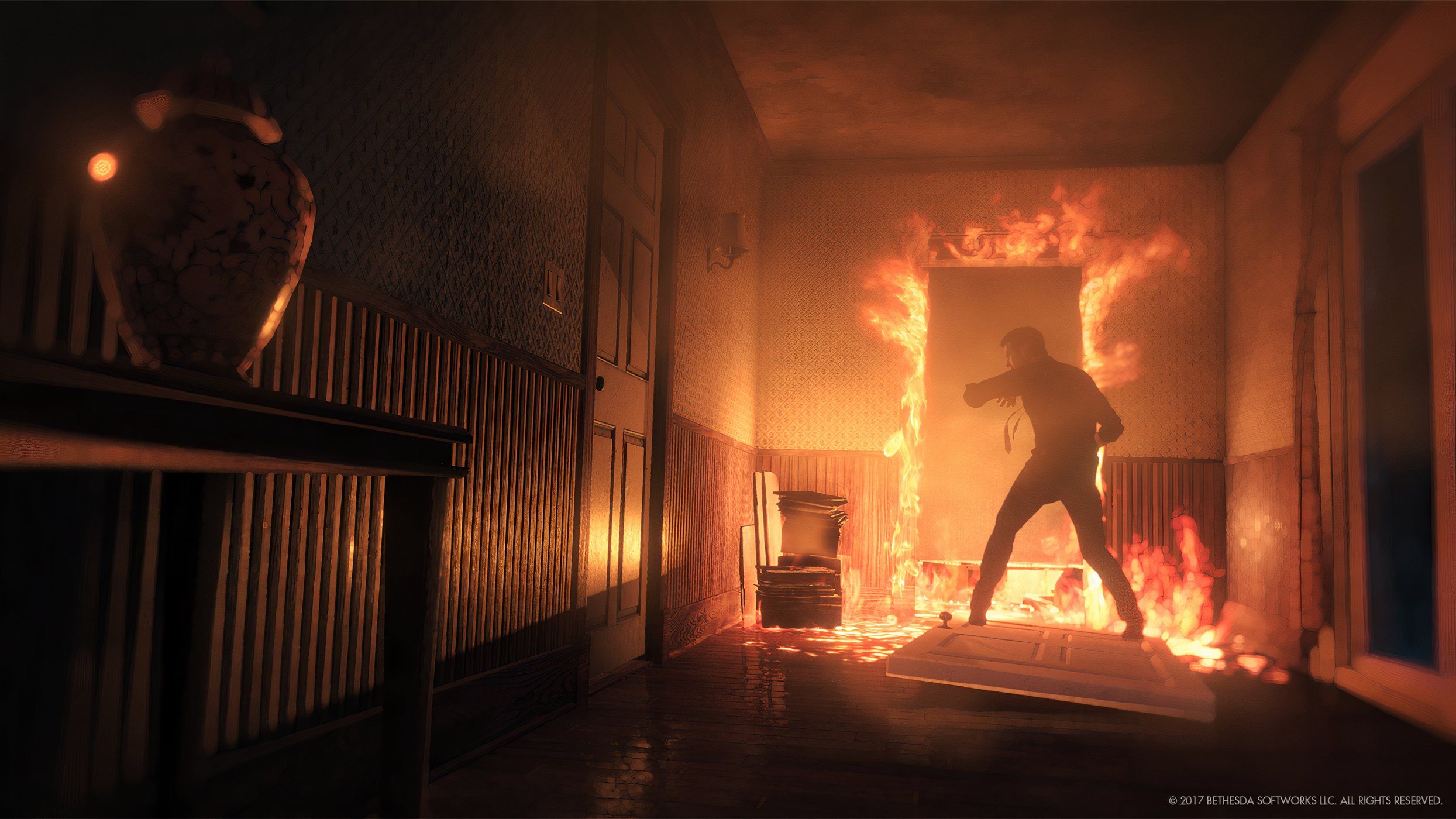An image from The Evil Within 2, showing a burning corridor.