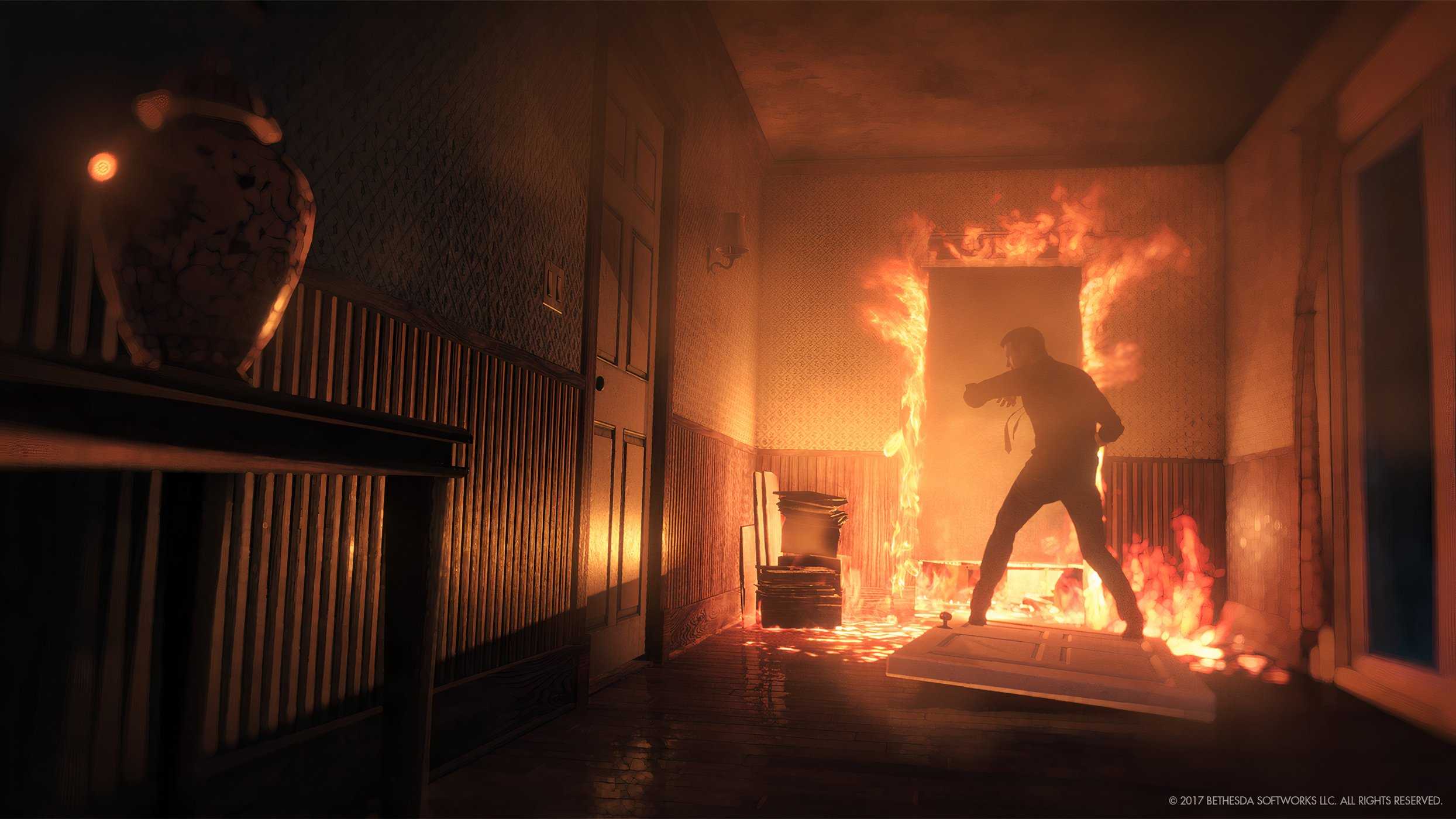 An image from The Evil Within 2, showing a burning corridor.