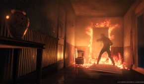 An image from The Evil Within 2, showing a burning corridor.