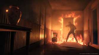 An image from The Evil Within 2, showing a burning corridor.