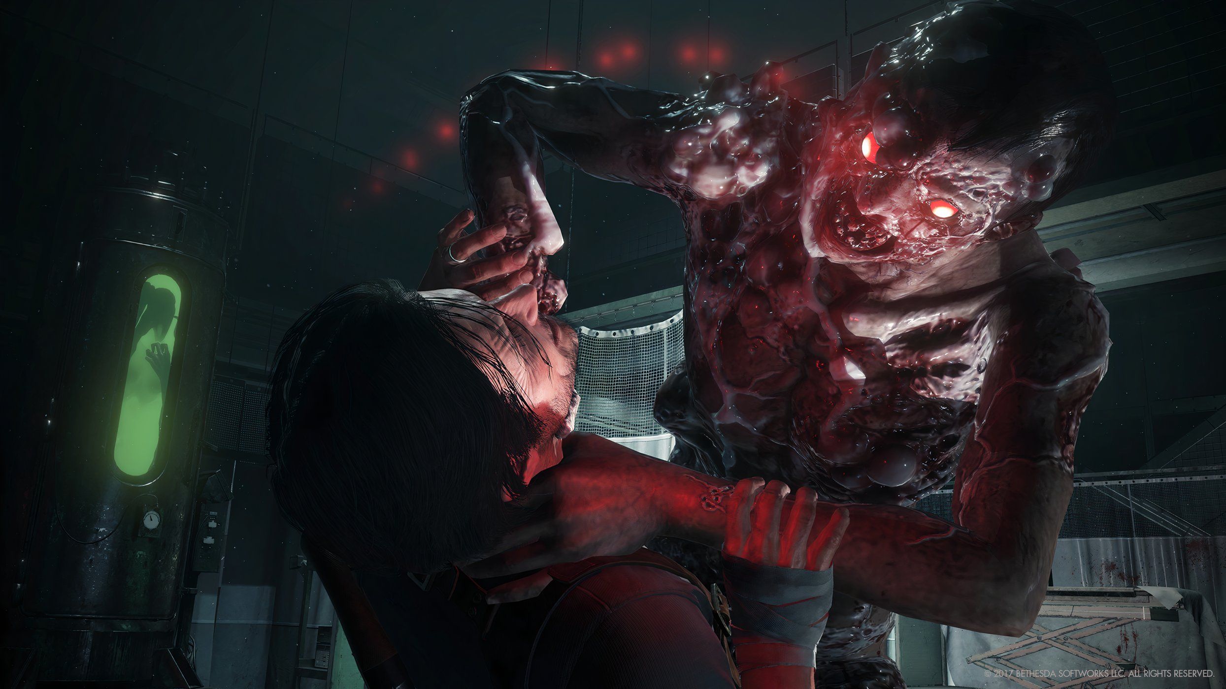 An image from The Evil Within 2, showing the protagonist being mauled by a ghostly creature. 