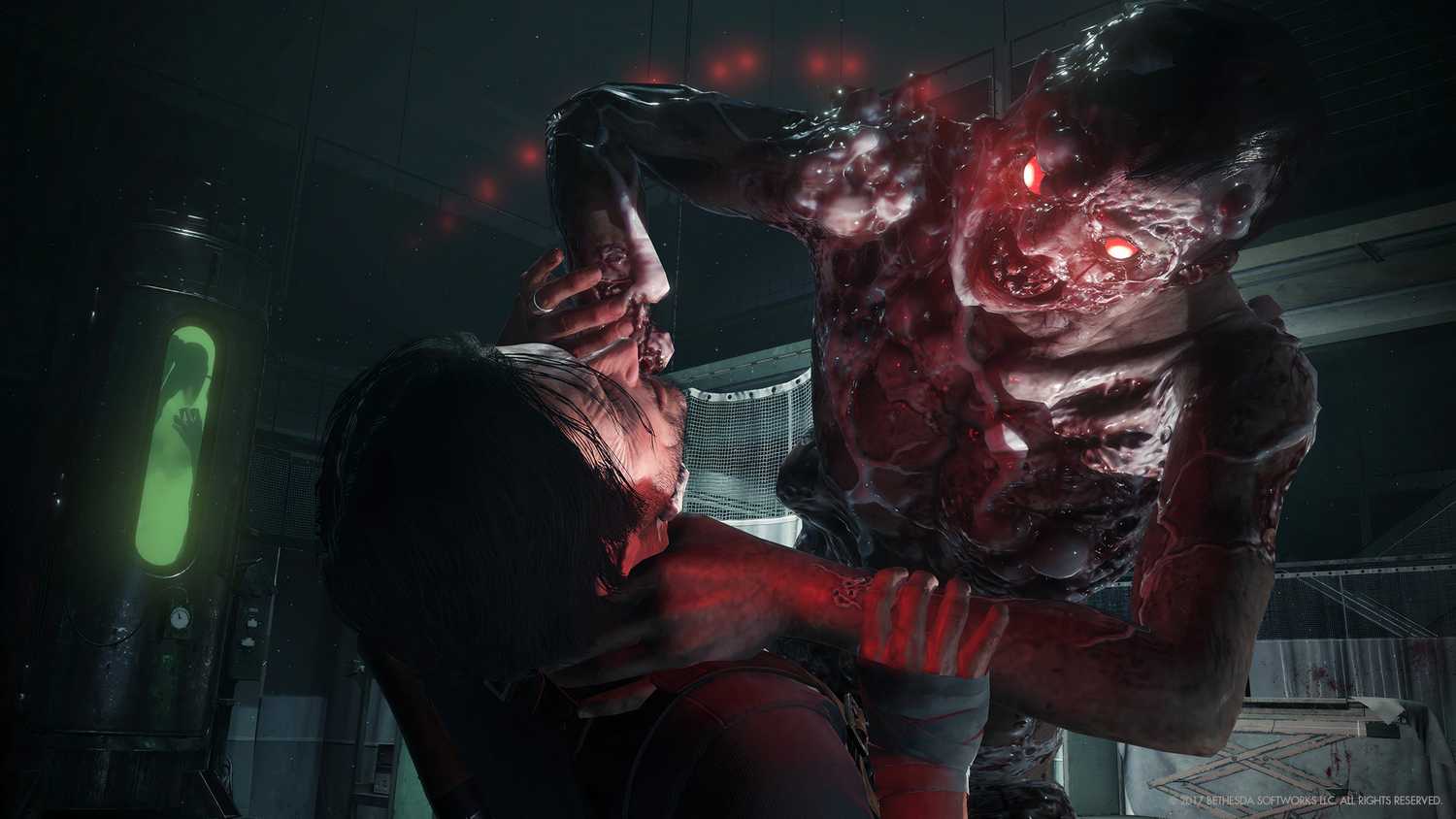 An image from The Evil Within 2, showing the protagonist being mauled by a ghostly creature.
