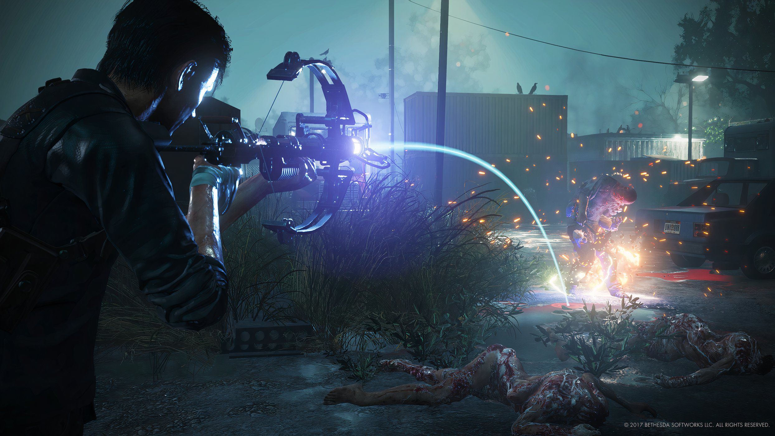 An image from The Evil Within 2, showing the protagonist aiming a crossbow.