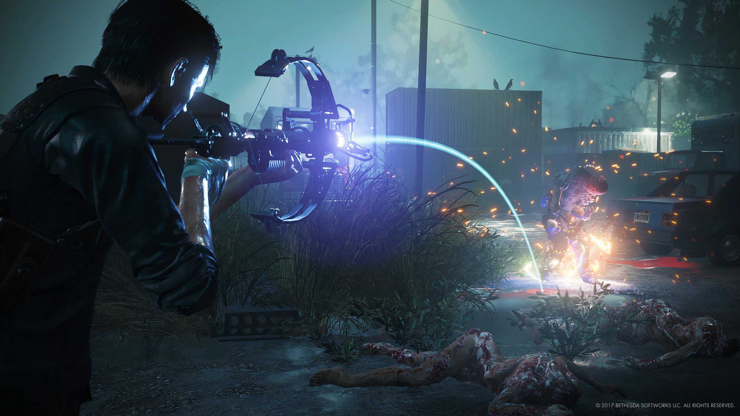 An image from The Evil Within 2, showing the protagonist aiming a crossbow.
