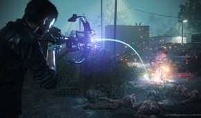 An image from The Evil Within 2, showing the protagonist aiming a crossbow.