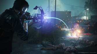 An image from The Evil Within 2, showing the protagonist aiming a crossbow.