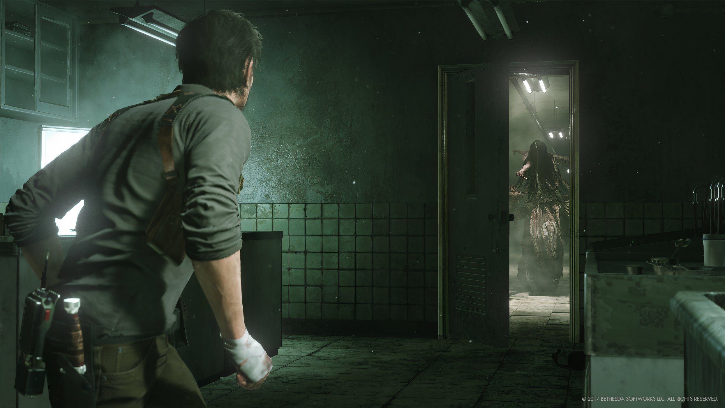 An image from The Evil Within 2, showing the protagonist looking at a ghostly creature walking towards him.
