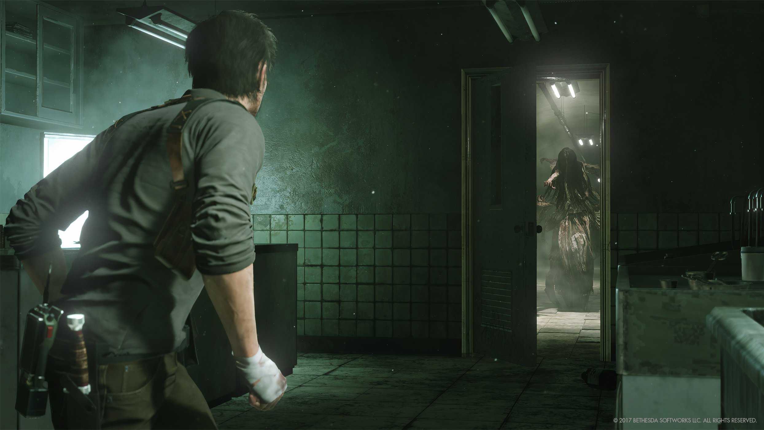 An image from The Evil Within 2, showing the protagonist looking at a ghostly creature walking towards him.