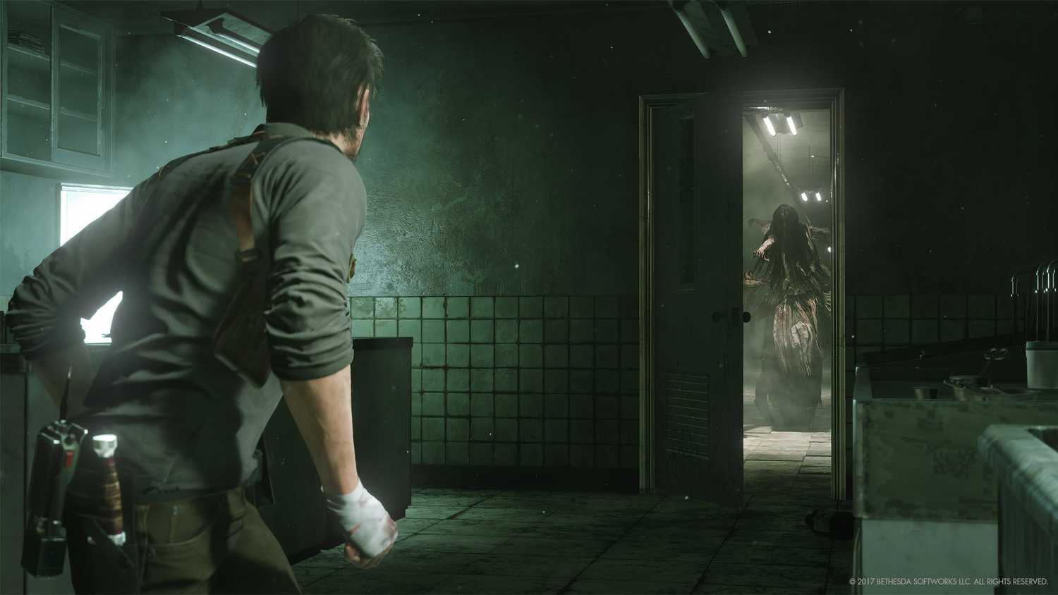 An image from The Evil Within 2, showing the protagonist looking at a ghostly creature walking towards him.