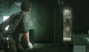 An image from The Evil Within 2, showing the protagonist looking at a ghostly creature walking towards him.