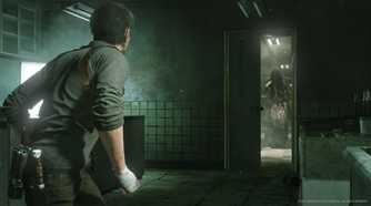 An image from The Evil Within 2, showing the protagonist looking at a ghostly creature walking towards him.