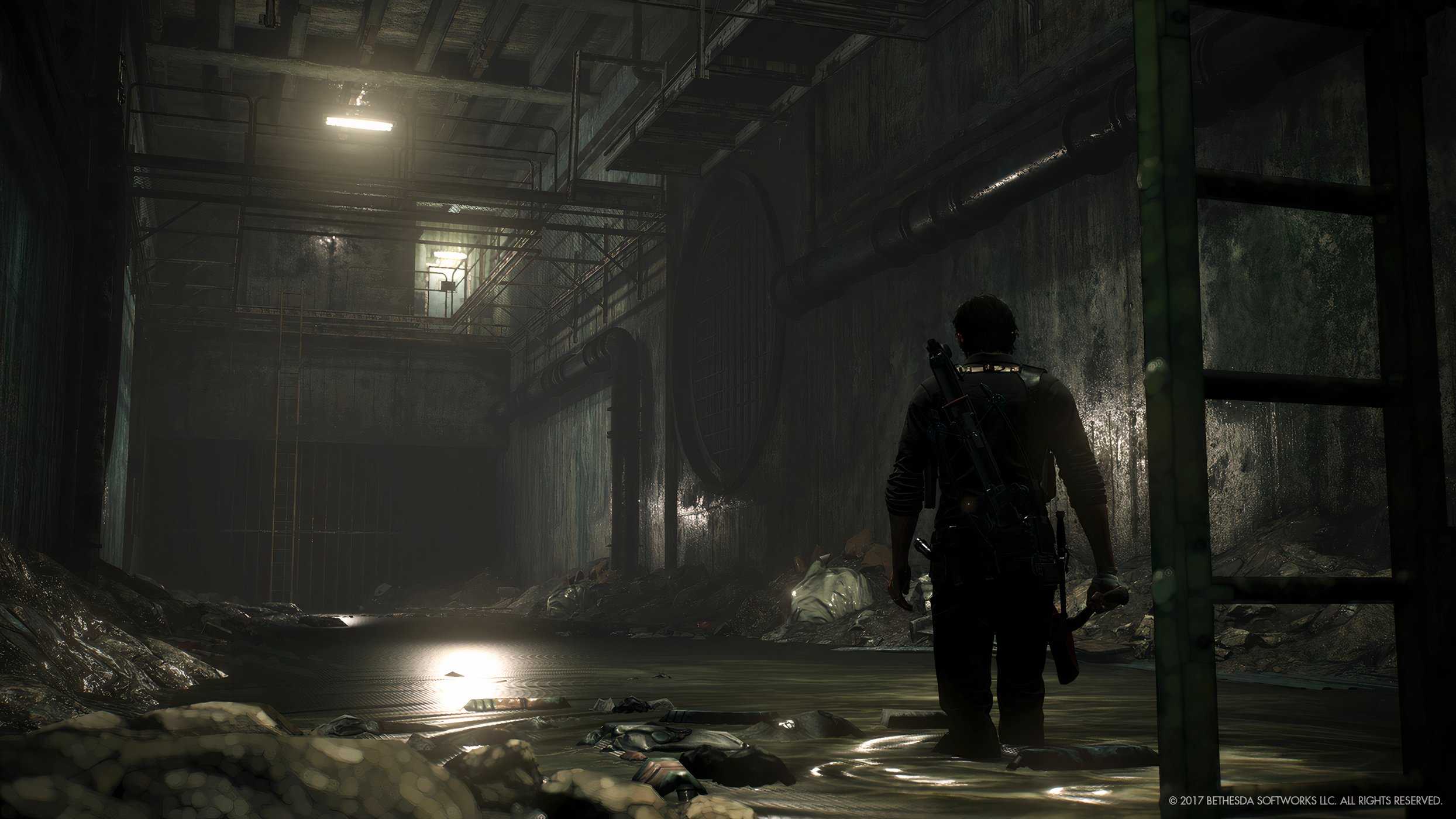 An image from The Evil Within 2, showing the protagonist walking through dark sewers.