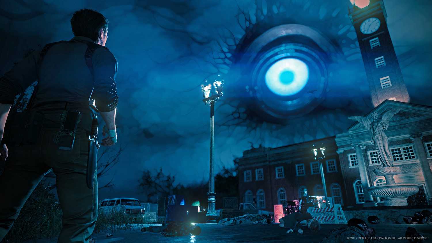 An image from The Evil Within 2, showing a huge blue eye in the sky.