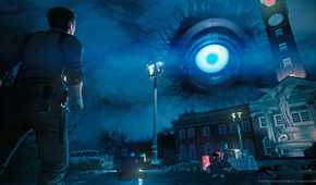 An image from The Evil Within 2, showing a huge blue eye in the sky.