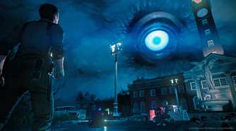 An image from The Evil Within 2, showing a huge blue eye in the sky.