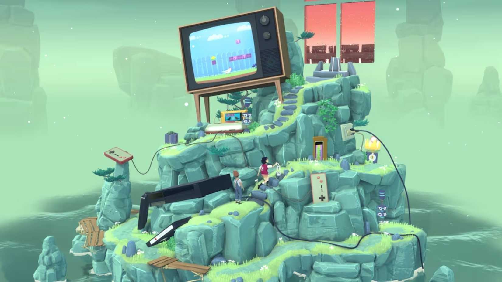 Solving a puzzle on an island with video games in The Gardens Between