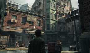 A screenshot from The Last of Us Part I on PC, showing Joel looking at the Boston quarantine zone.