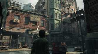 A screenshot from The Last of Us Part I on PC, showing Joel looking at the Boston quarantine zone.