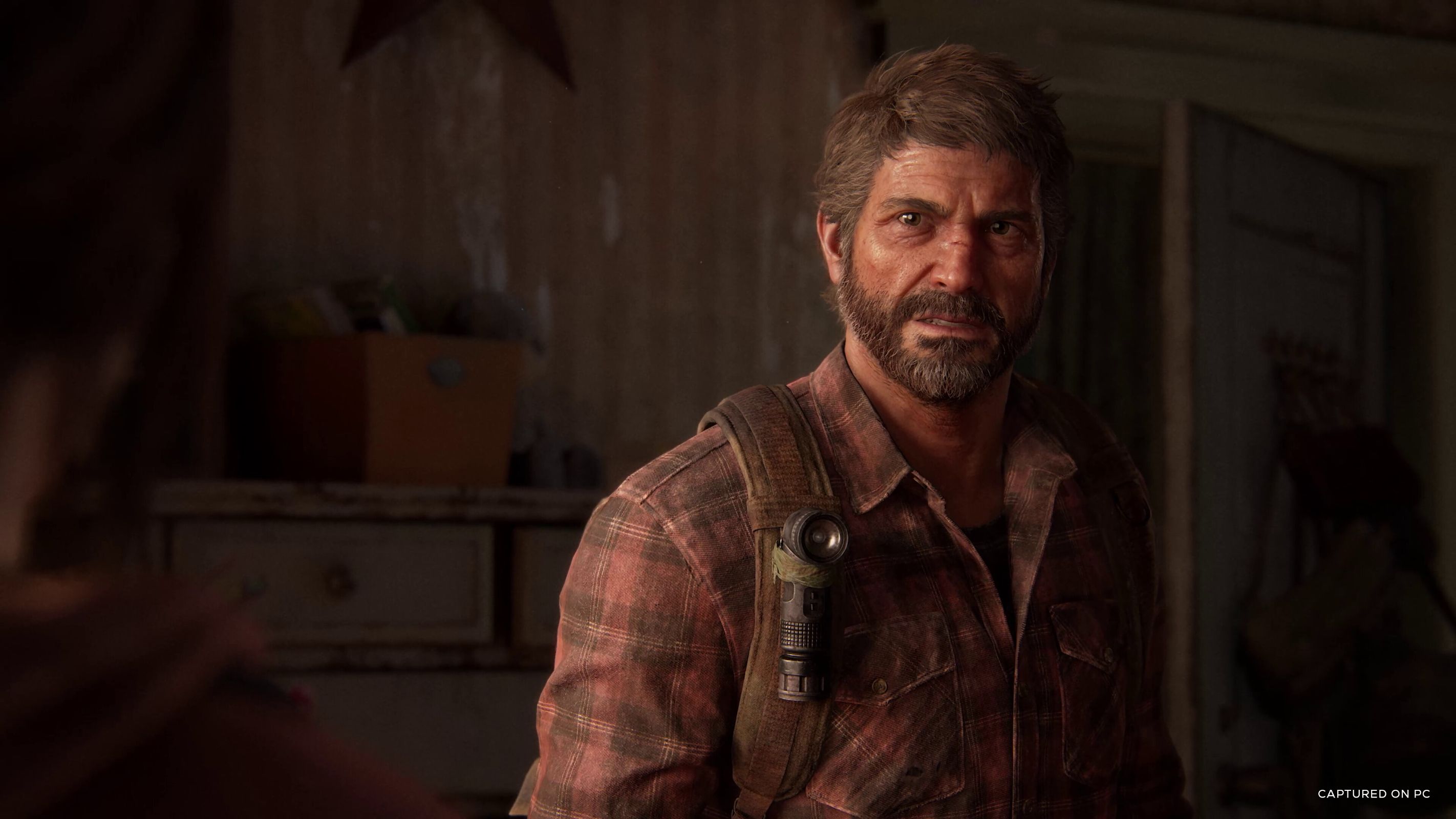 A screenshot from The Last of Us Part I on PC, showing Joel wearing a red flannel shirt.