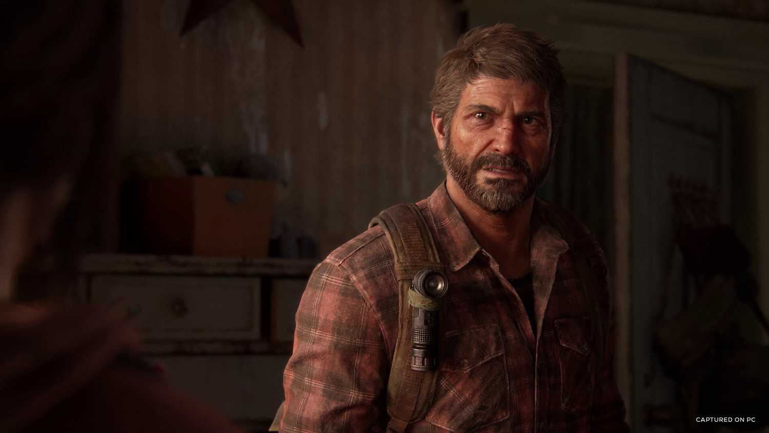 A screenshot from The Last of Us Part I on PC, showing Joel wearing a red flannel shirt.