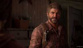 A screenshot from The Last of Us Part I on PC, showing Joel wearing a red flannel shirt.