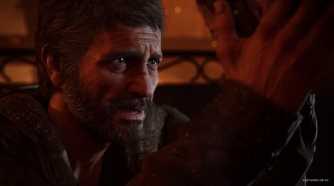 A screenshot from The Last of Us Part I on PC, showing Joel emotionally holding Ellie's face in his hands.