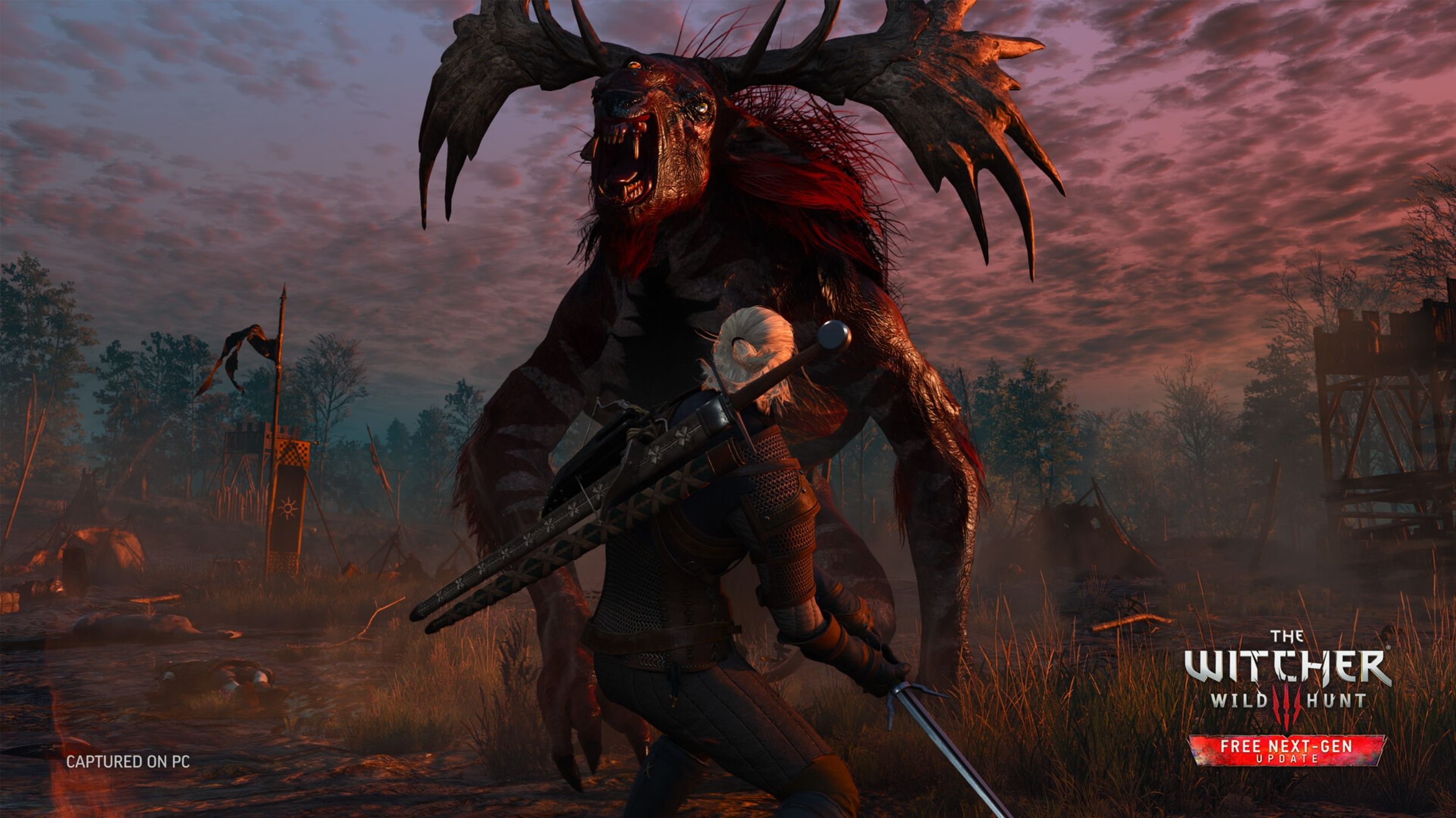 An image from the game The Witcher 3: Wild Hunt, showing Geralt of Rivia facing off against a monster.