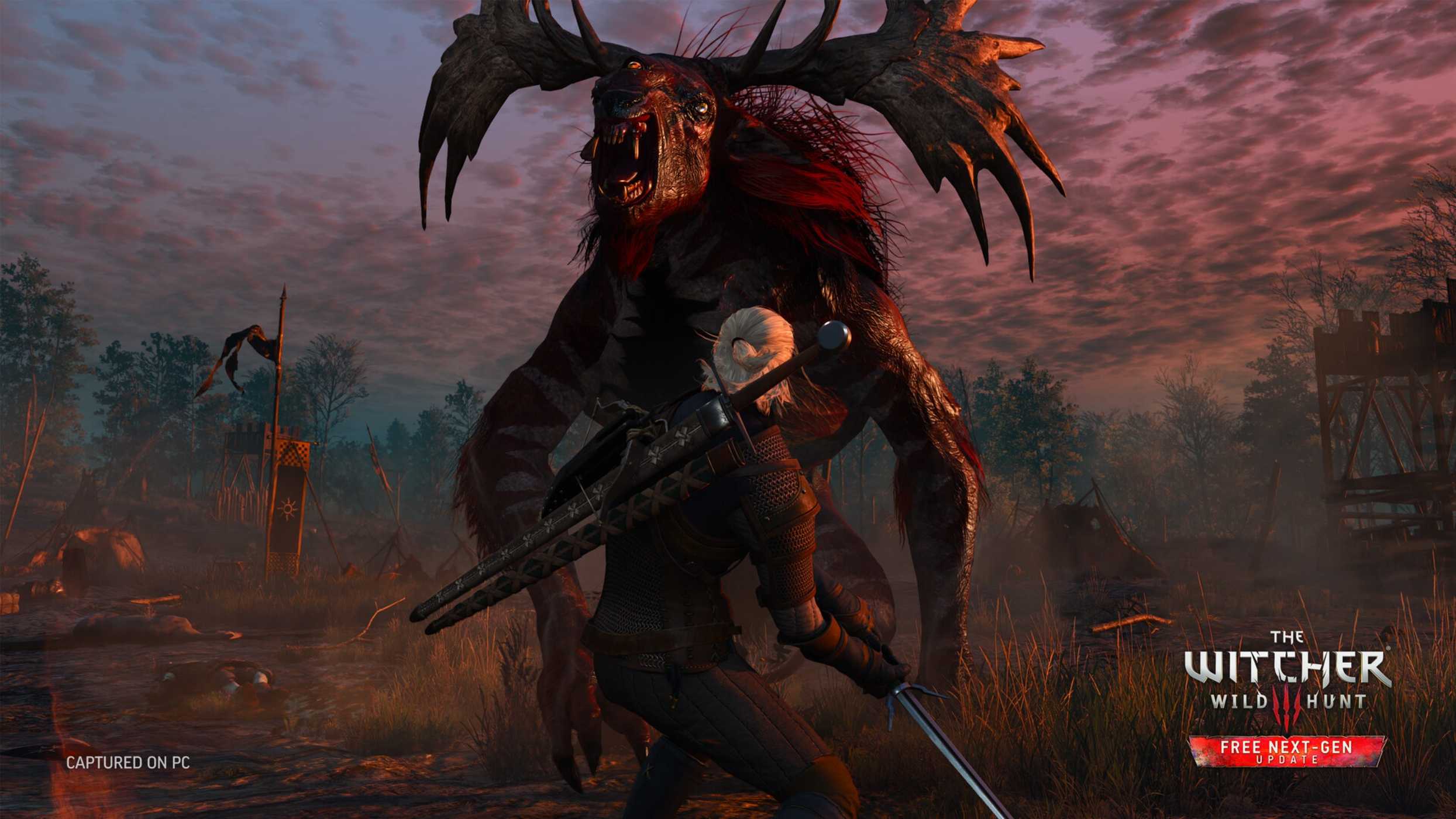 An image from the game The Witcher 3: Wild Hunt, showing Geralt of Rivia facing off against a monster.