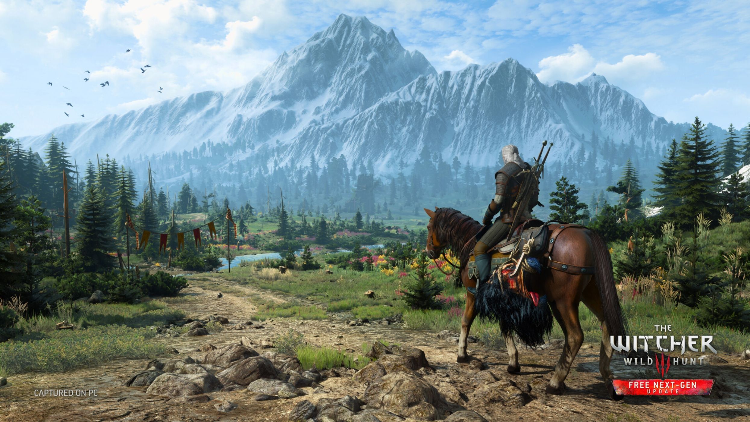 An image from the game The Witcher 3: Wild Hunt, showing Geralt of Rivia in a beautiful landscape, riding his horse, Roach.