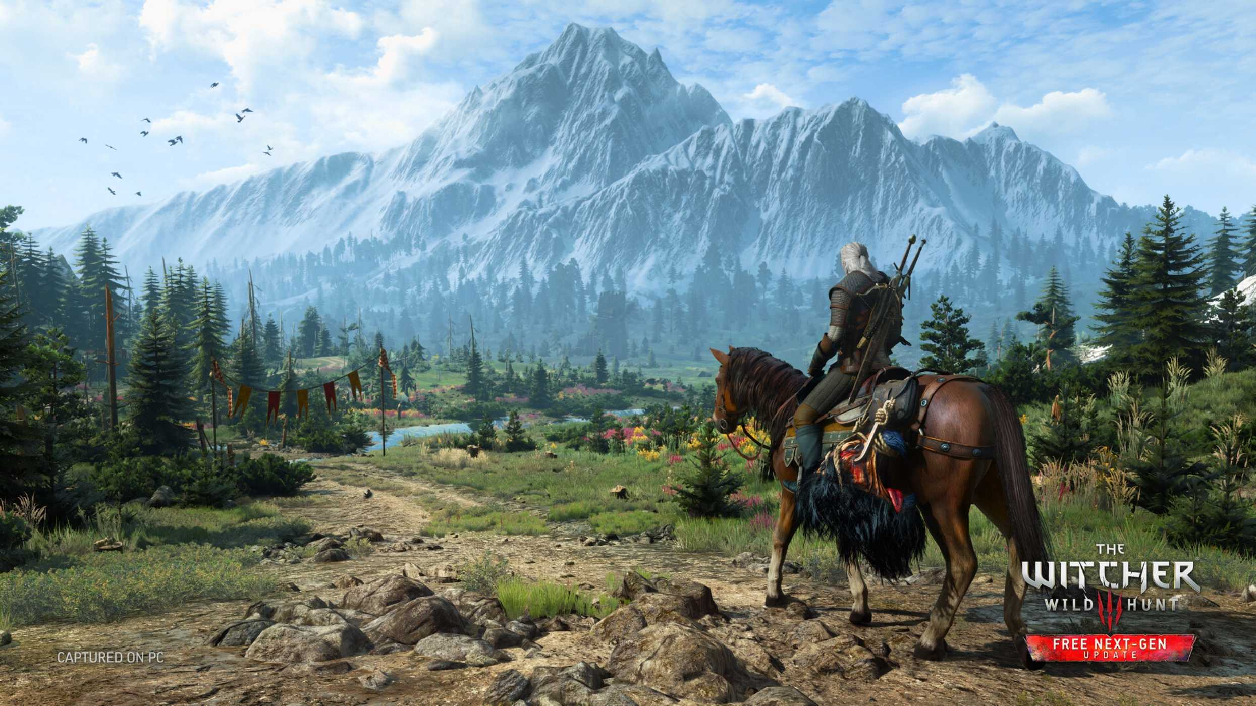An image from the game The Witcher 3: Wild Hunt, showing Geralt of Rivia in a beautiful landscape, riding his horse, Roach.