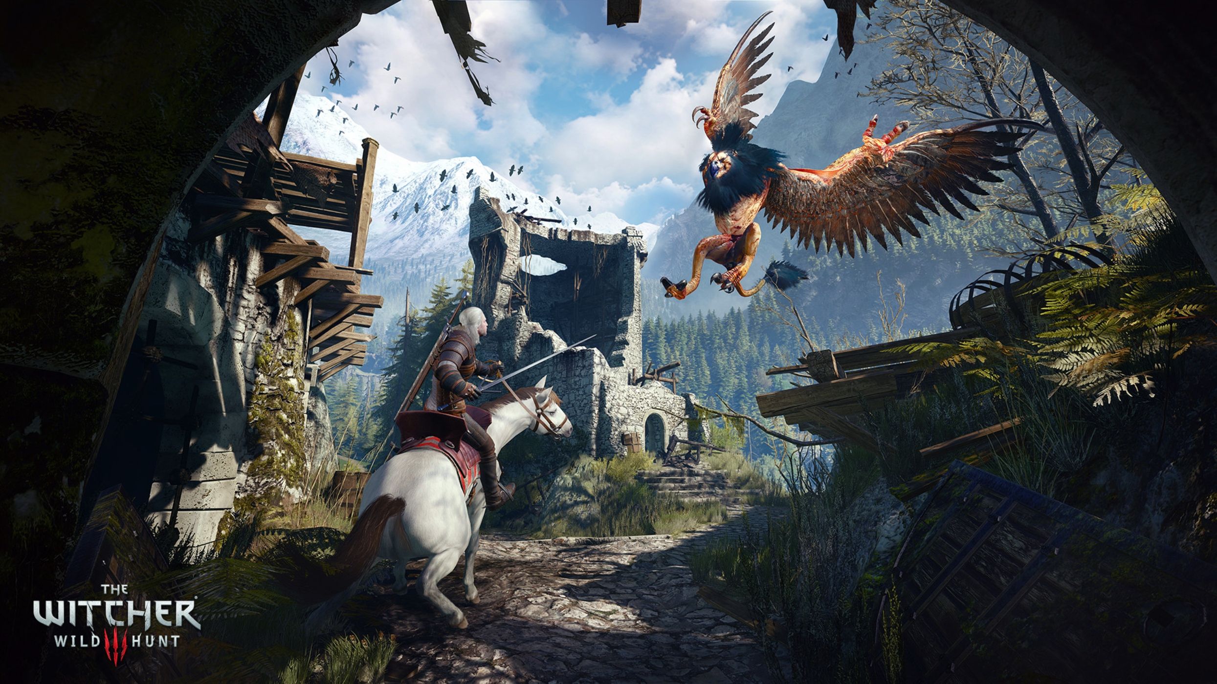 An image from the game The Witcher 3: Wild Hunt, showing Geralt on horseback, facing off against a griffin.