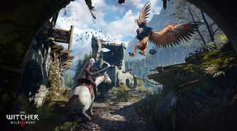 An image from the game The Witcher 3: Wild Hunt, showing Geralt on horseback, facing off against a griffin.