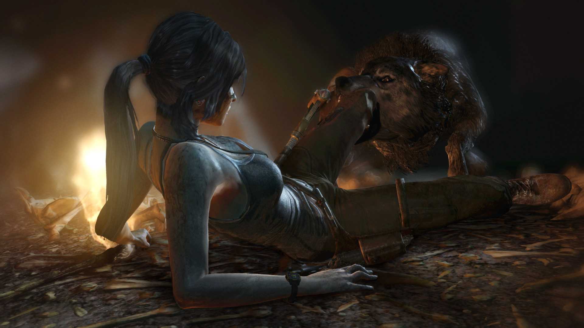 An image from 2013's Tomb Raider, showing a wolf attacking Lara Croft.