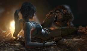 An image from 2013's Tomb Raider, showing a wolf attacking Lara Croft.