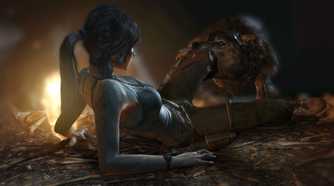 An image from 2013's Tomb Raider, showing a wolf attacking Lara Croft.