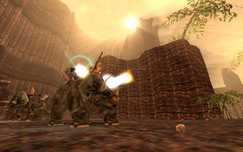 dinosaur riding gunmen in front of a dirt mound
