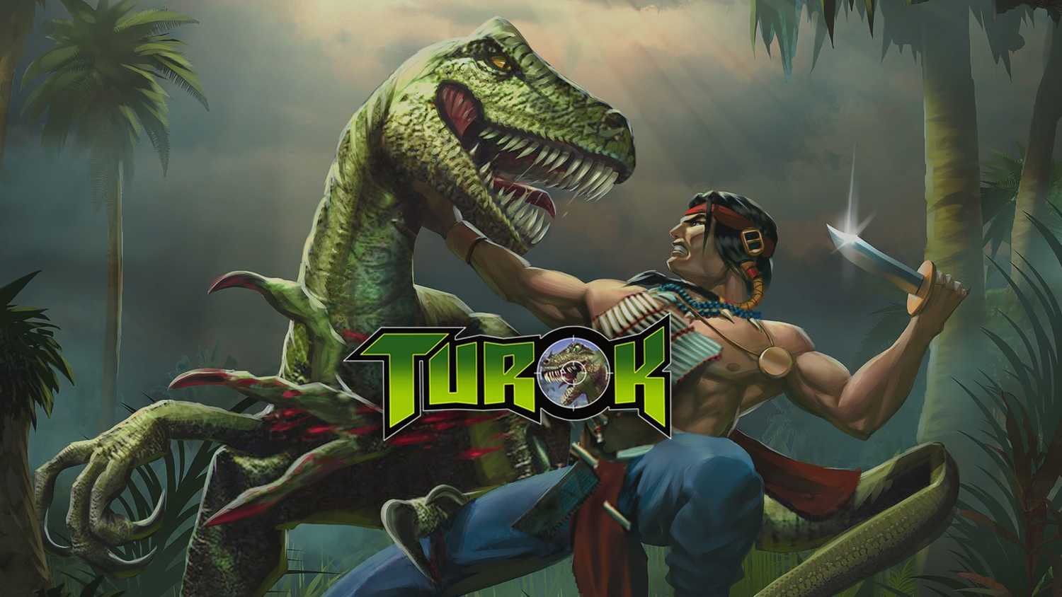 Turok with knife in combat with dinosaur